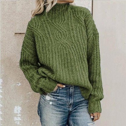Women's Knit Sweater – Relaxed Fit – Wool-Like – Chunky Cable Knit – High Neck