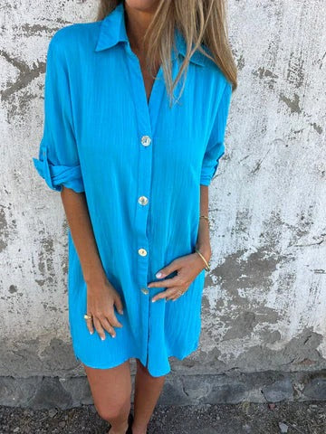 Women's Shirt Dress – Relaxed Fit – Button Closure – Breathable Blend – Rolled-Up Sleeves