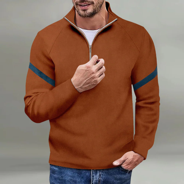 Men's Pullover – Relaxed Fit – High Collar with Short Zipper – Striped Sleeves