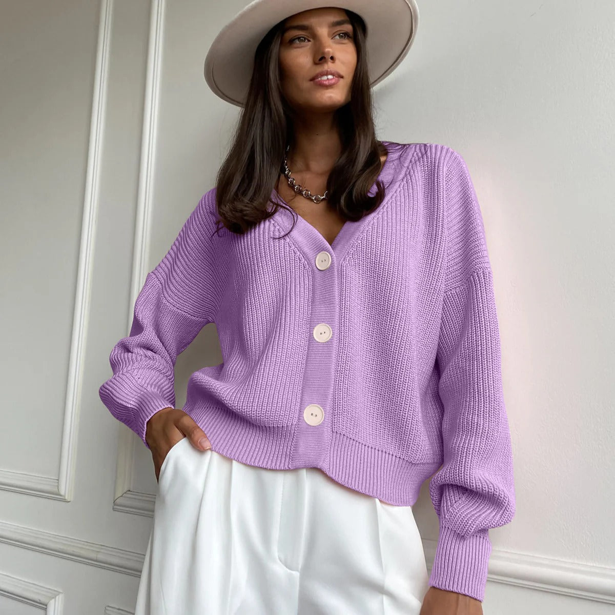 Women's Cardigan – Relaxed Fit – Ribbed Knit – V-Neck – Button Closure – Rolled Sleeves