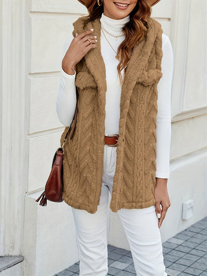 Women's Vest With Hood – Fuzzy Knit – Button Closure – Relaxed Fit – Chest Pockets