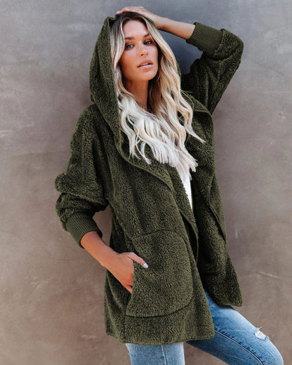 Women's Cardigan with Hood – Soft Sherpa Fleece – Oversized Fit – Open Design with Pockets