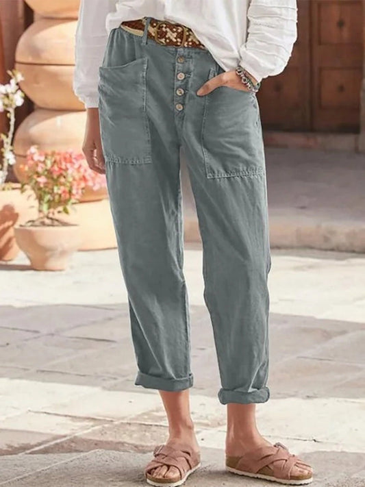 Women's Pants – Relaxed Fit – Light and Breathable – Button Closure – Rolled Hem