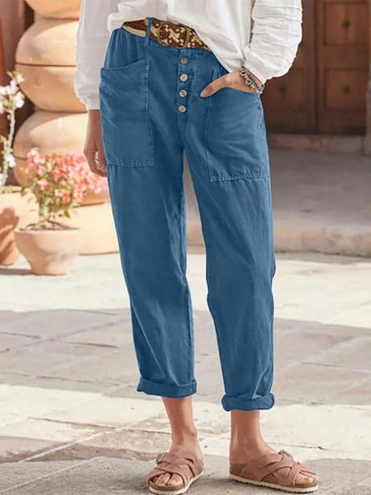 Women's Pants – Relaxed Fit – Light and Breathable – Button Closure – Rolled Hem