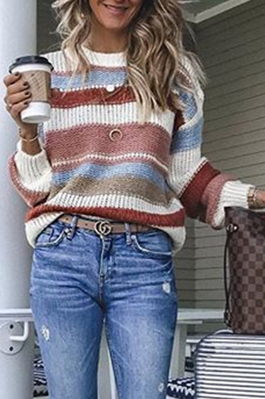 Women's Sweater – Relaxed Fit – Knitted Wool – Long Sleeves – Striped O-Neck