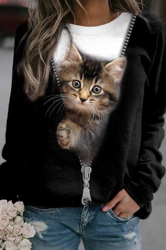 Women's Sweatshirt – Relaxed Fit – Long Sleeve – Soft Cotton Blend Material – Fun Cat Print