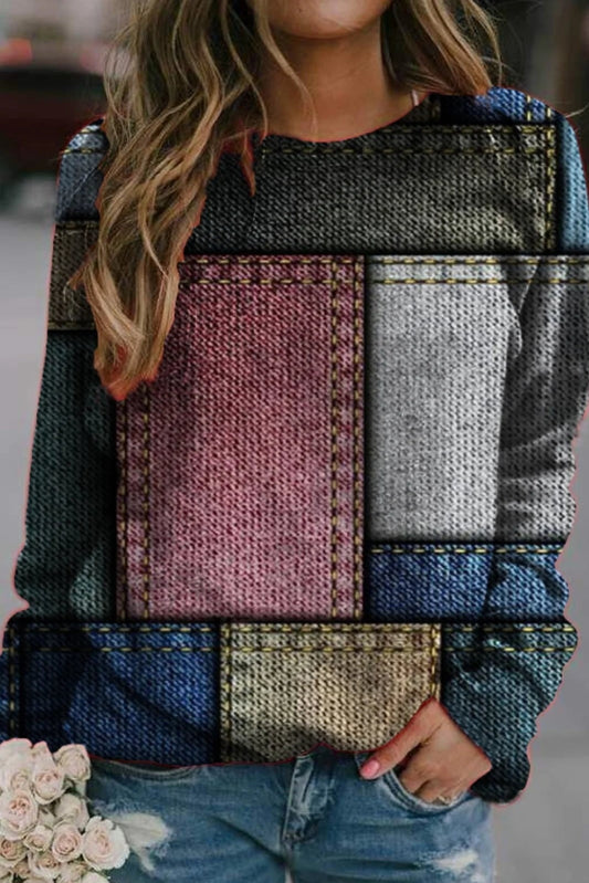 Women's Sweatshirt – Relaxed Fit – Knit Texture – Patchwork Design – Long Sleeves