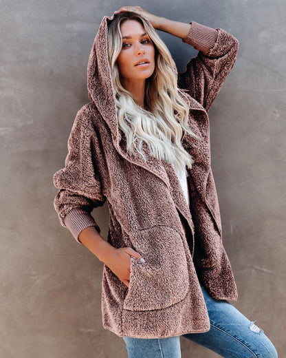Women's Cardigan with Hood – Soft Sherpa Fleece – Oversized Fit – Open Design with Pockets