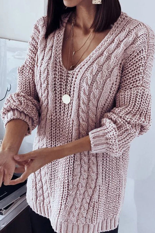 Women's Knit Sweater – Oversized Fit – V-Neck – Cable Knit – Soft Wool Feel – Long Sleeves
