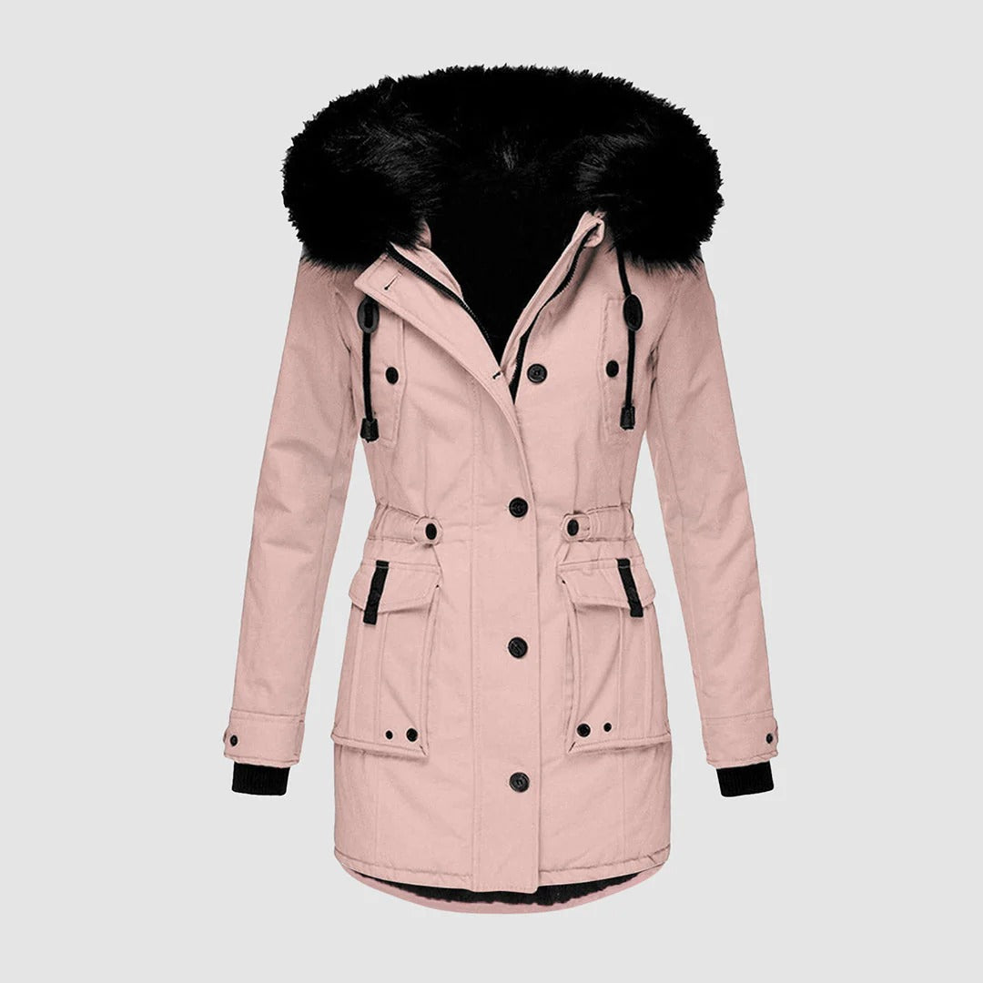 Women's Long Coat – Tailored Fit – Faux Fur Hood – Belt – Outdoor Comfort