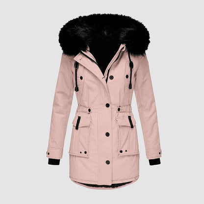 Women's Long Coat – Tailored Fit – Faux Fur Hood – Belt – Outdoor Comfort