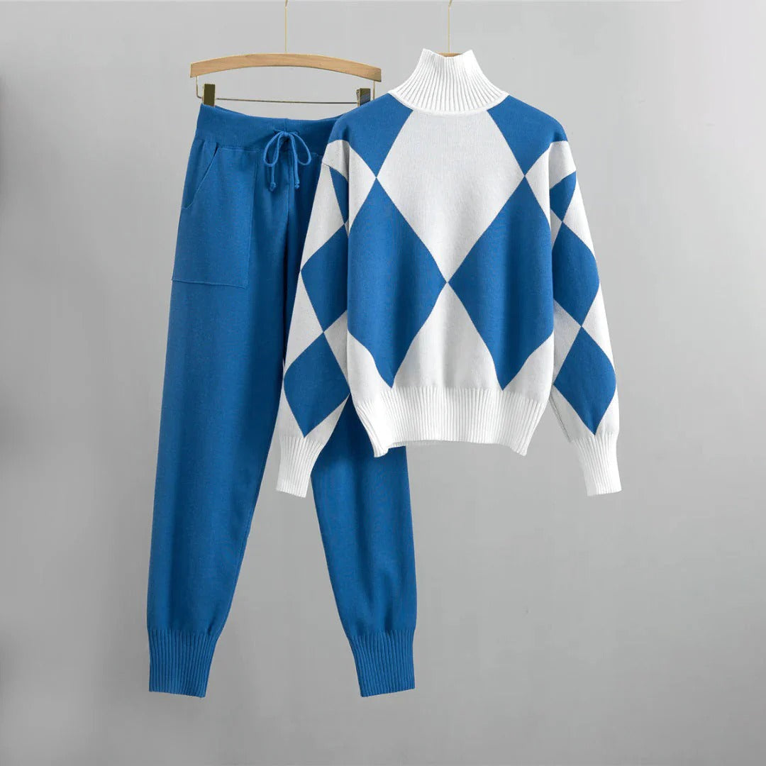 Women's Set – Sweater with Argyle Pattern – Relaxed Fit – Pants with Pockets