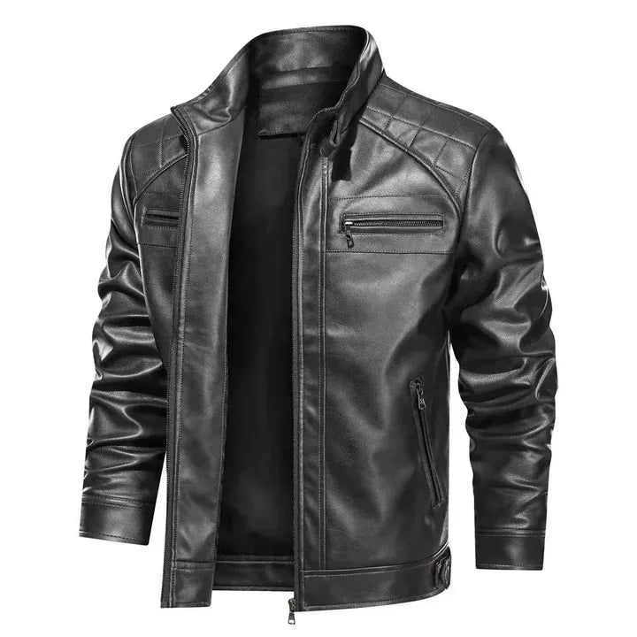 Men's Biker Jacket – Slim Fit – Quilted Shoulders – Smooth Leather Look – Zipper Closure