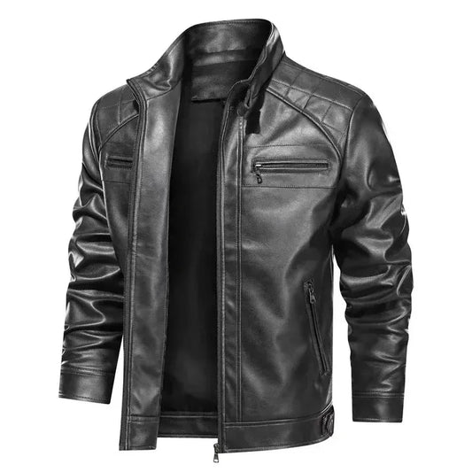 Men's Biker Jacket – Slim Fit – Quilted Shoulders – Smooth Leather Look – Zipper Closure