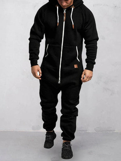 Men's Jumpsuit – Relaxed Fit – Soft Fleece – Zipper – Hood – Full Length