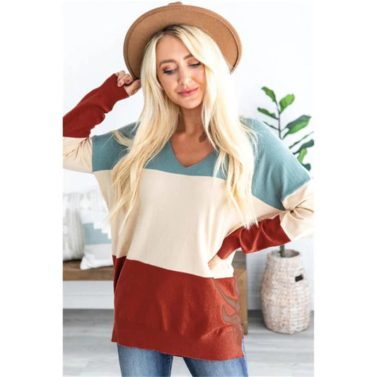 Women's Knit Sweater – Relaxed Fit – V-Neck – Long Sleeves – Color Block Design