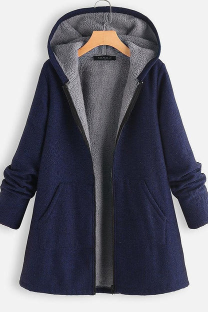 Women's Coat with Hood – Oversized Fit – Fleece Lined – Zipper – Mid-Length Casual