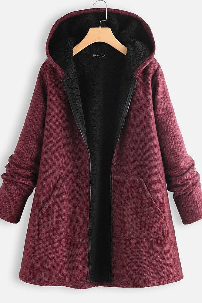 Women's Coat with Hood – Oversized Fit – Fleece Lined – Zipper – Mid-Length Casual