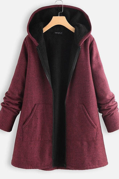 Women's Coat with Hood – Oversized Fit – Fleece Lined – Zipper – Mid-Length Casual