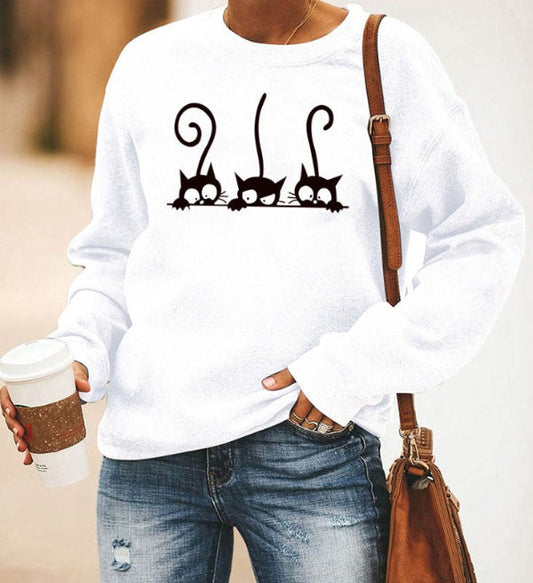 Women's Sweatshirt – Relaxed Oversized Fit – Soft Cotton Blend – Cat Print
