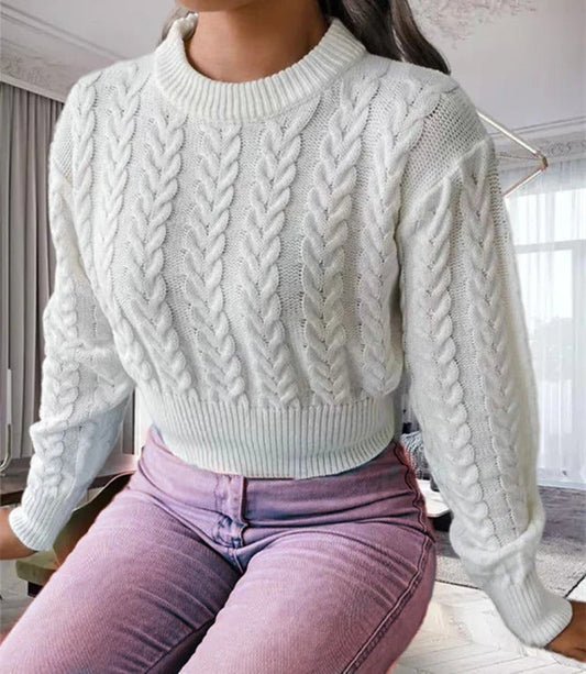 Women's Sweater – Wool-like Knit – Cable Knit – Ribbed Round Neck – Regular Fit
