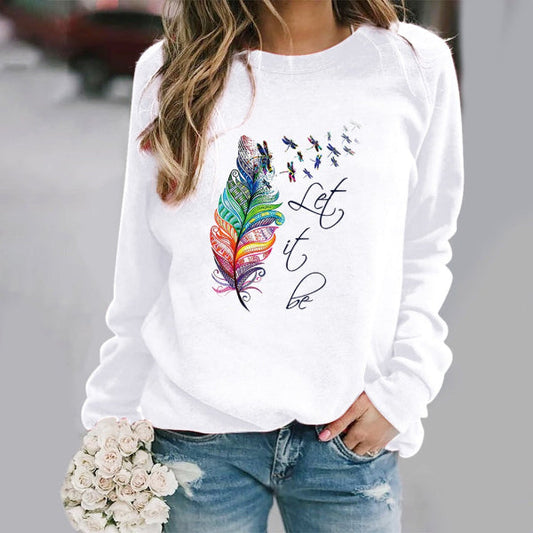 Women's Sweatshirt – Relaxed Fit – Feather Print and Text – Crew Neck – Long Sleeves