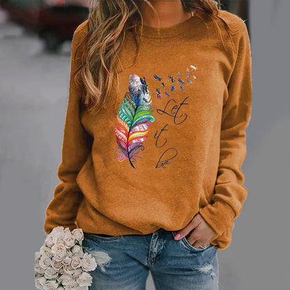 Women's Sweatshirt – Relaxed Fit – Feather Print and Text – Crew Neck – Long Sleeves