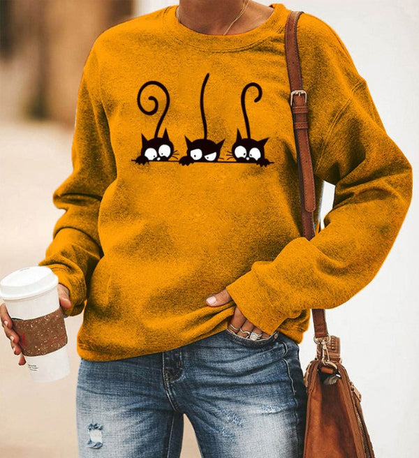 Women's Sweatshirt – Relaxed Oversized Fit – Soft Cotton Blend – Cat Print