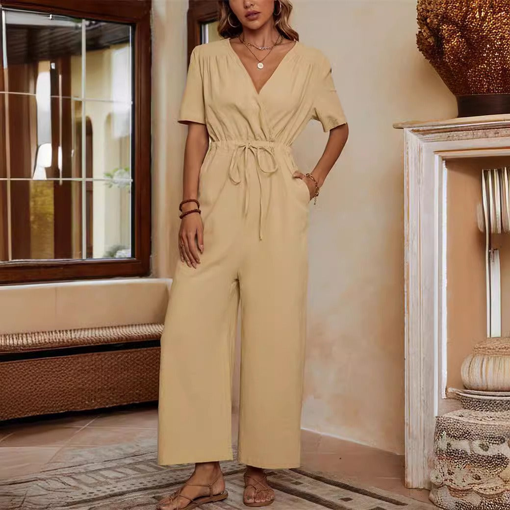 Women's Jumpsuit – Relaxed Fit – Waist Tie – Short Sleeves – Pockets
