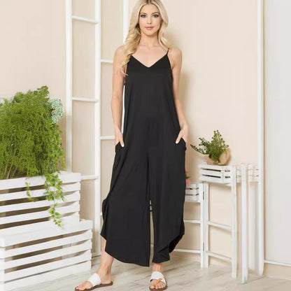 Women's Jumpsuit – Relaxed Fit – Sleeveless V-neck – Wide Legs – With Pockets