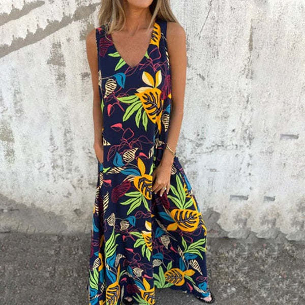 Women's Maxi Dress – Sleeveless – V-Neck – Relaxed Fit – Leaf Pattern – Lightweight Cotton