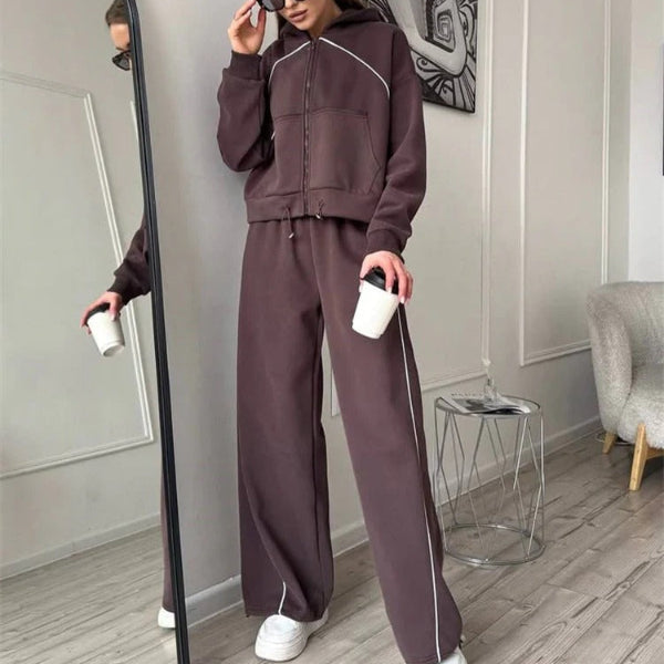 Women's Two-Piece Set – Oversize Fit – Cropped Hoodie with Zipper – Loose Pants