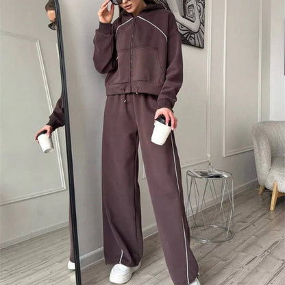 Women's Two-Piece Set – Oversize Fit – Cropped Hoodie with Zipper – Loose Pants