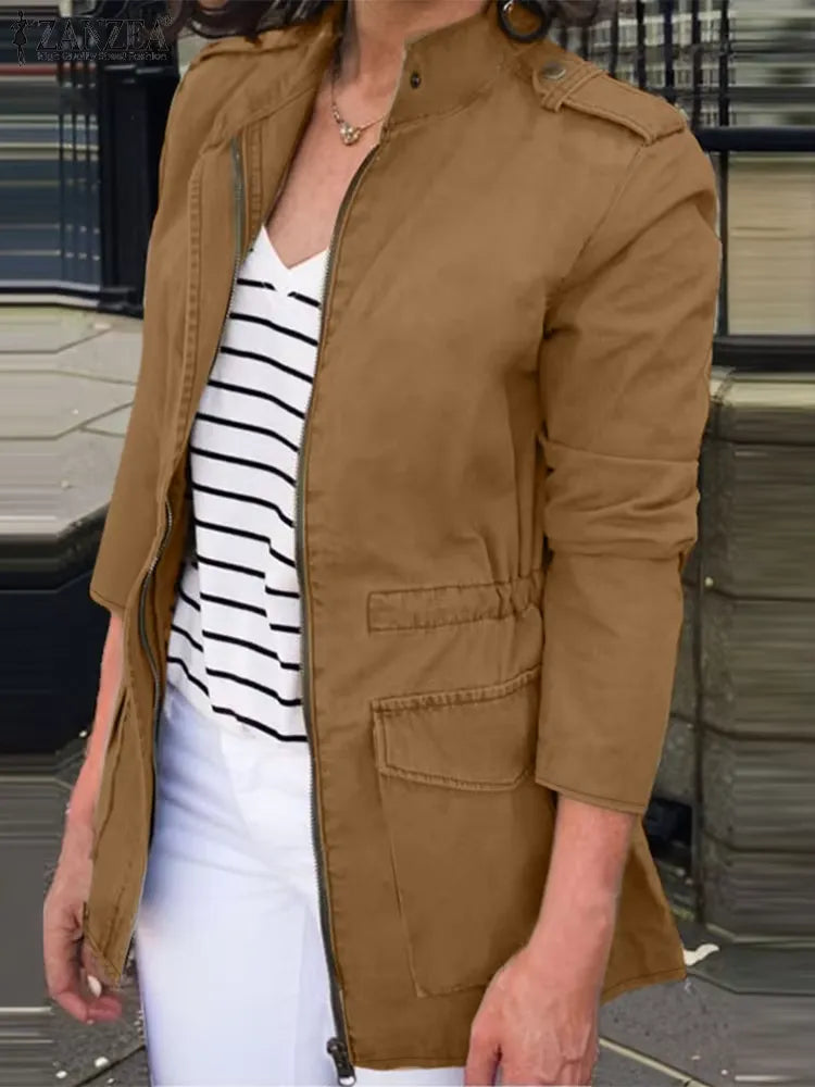 Women's Cargo Jacket – Relaxed Fit – Cotton – Zipper – Stand Collar – Flap Pockets