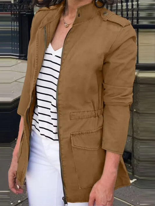 Women's Cargo Jacket – Relaxed Fit – Cotton – Zipper – Stand Collar – Flap Pockets