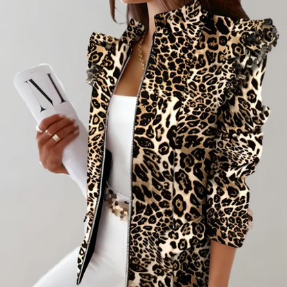 Women's Jacket – Tailored Fit – Checkered Pattern – Ruched Shoulder – Stand Collar