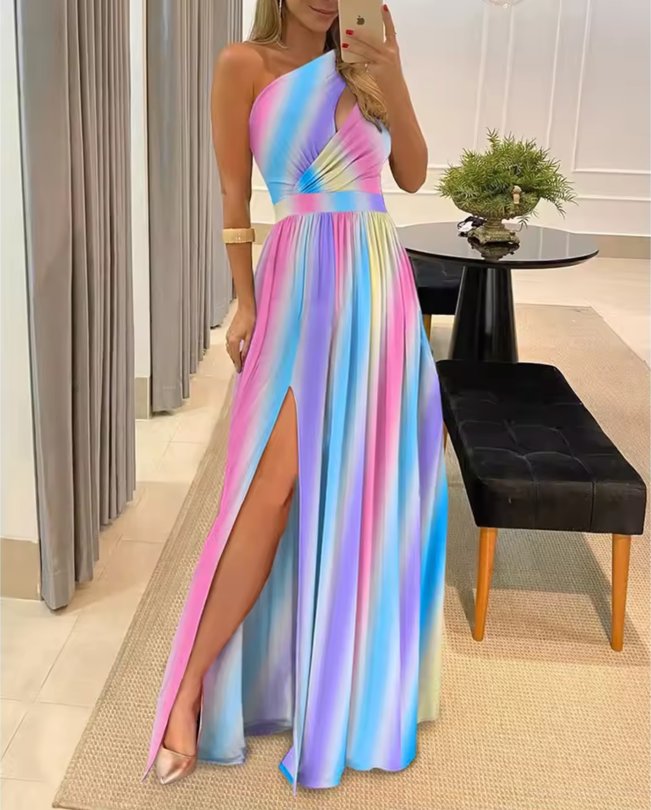 Women's Evening Dress – Asymmetric One-Shoulder – Pleated Skirt with High Slit – Elegant Cut