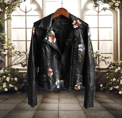 Women's Biker Jacket – Tailored Fit – Floral Embroidery – Studs – Asymmetric Zipper