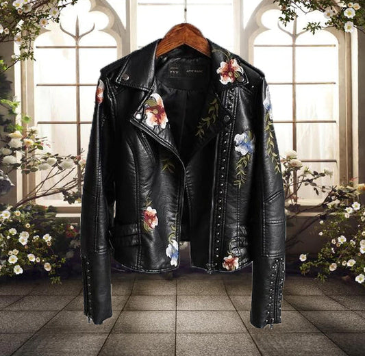 Women's Biker Jacket – Tailored Fit – Floral Embroidery – Studs – Asymmetric Zipper