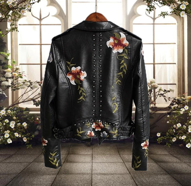 Women's Biker Jacket – Tailored Fit – Floral Embroidery – Studs – Asymmetric Zipper