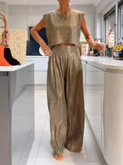 Women's Set - Sleeveless Cropped Top & Wide Pants - Lightweight & Comfortable