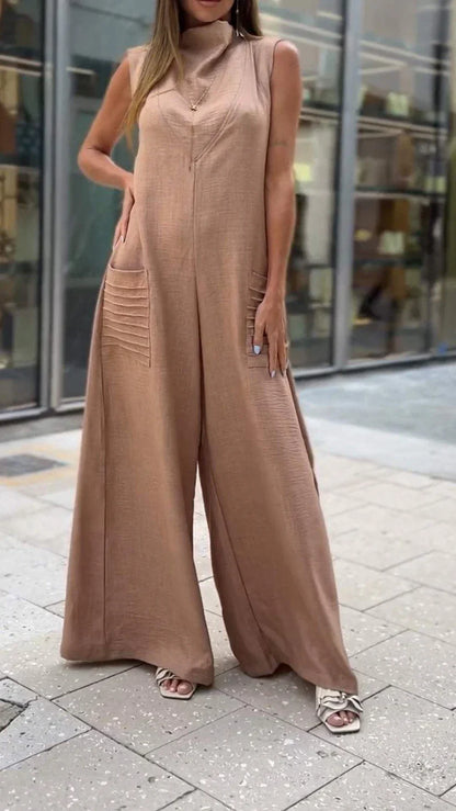 Dame Jumpsuit - Ærmeløs - Høj Hals - Vidde Ben - Letvægts Stoff - Afslappet Pasform