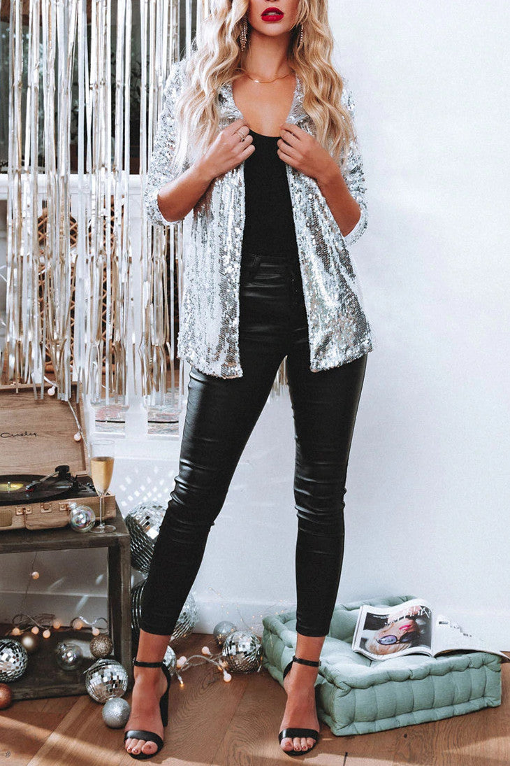 Isabella Sequined Longline Blazer | Collared Relaxed Fit Blazer