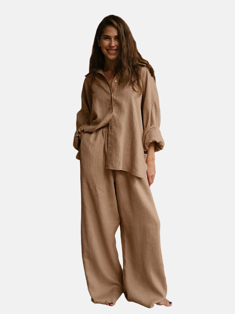 Women's Set – Linen Blend – Oversized Fit – Long Sleeve Shirt & Wide Pants