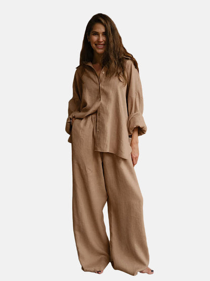 Women's Set – Linen Blend – Oversized Fit – Long Sleeve Shirt & Wide Pants
