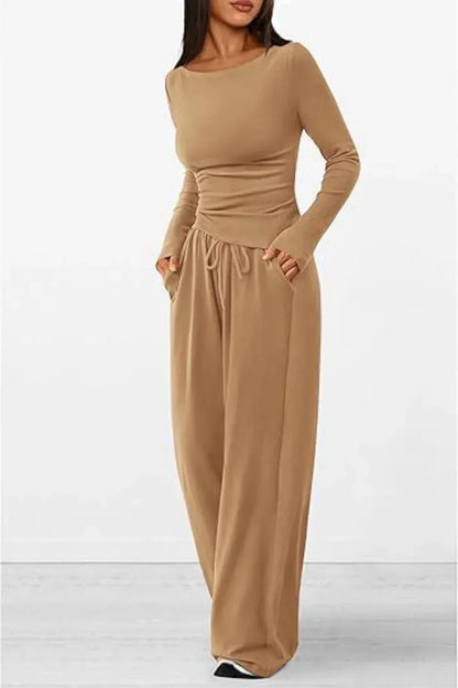Dame Loungewear Sæt - Langærmet Top & Vide Bukser - Blødt og Komfortabelt