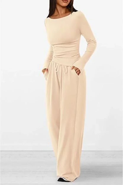 Dame Loungewear Sæt - Langærmet Top & Vide Bukser - Blødt og Komfortabelt