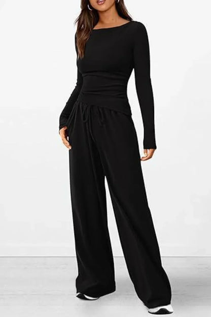 Dame Loungewear Sæt - Langærmet Top & Vide Bukser - Blødt og Komfortabelt