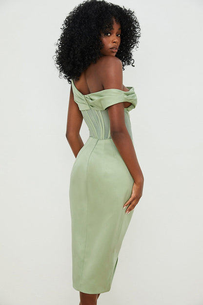Kjole til kvinder – Midi – Satinlook – Korseletliv – Asymmetrisk Off-Shoulder