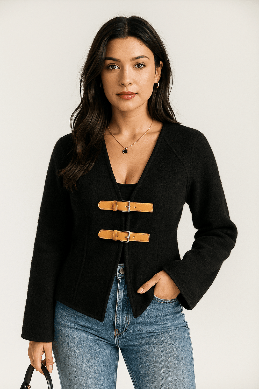 Women's Blazer – Tailored Fit – Wool-like Texture – V-neck – Buckle Closure